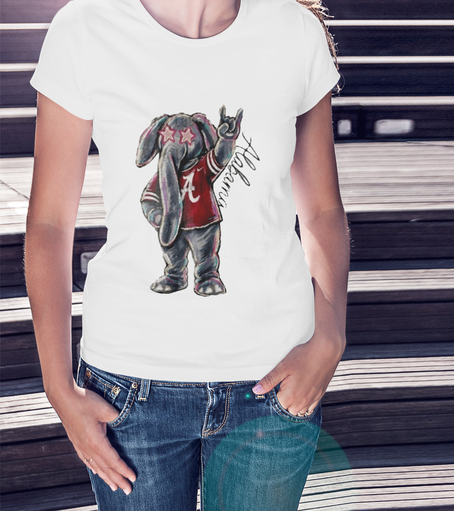 Alabama Crimson Tide Elephant Pink Star Glasses Hand Sign Sketch T-Shirt