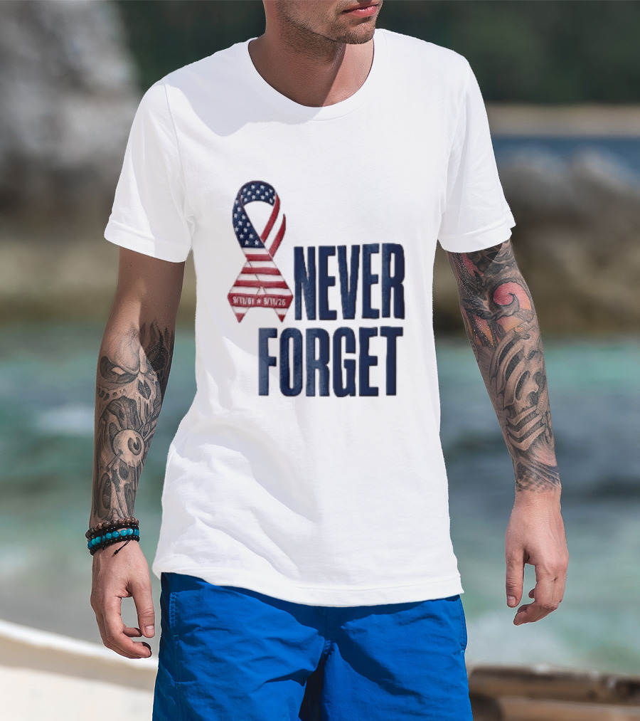Never Forget 9/11 American Flag Awareness Ribbon T-Shirt