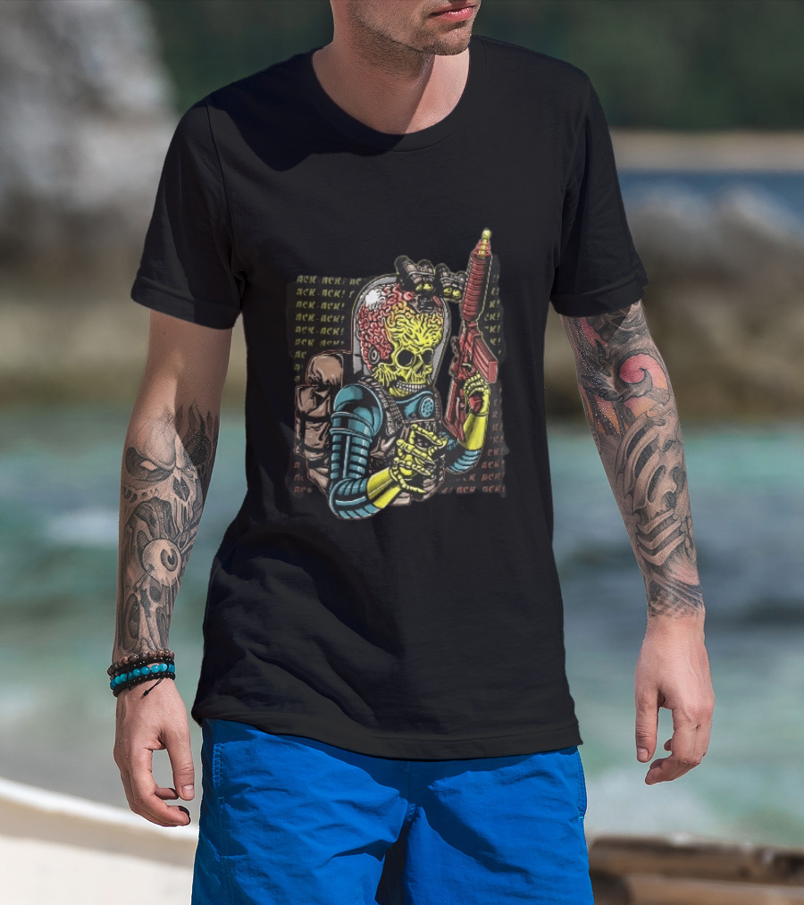 Ack Martian Alien Exposed Brain Tactical Ray Gun Ack Goggles T-Shirt