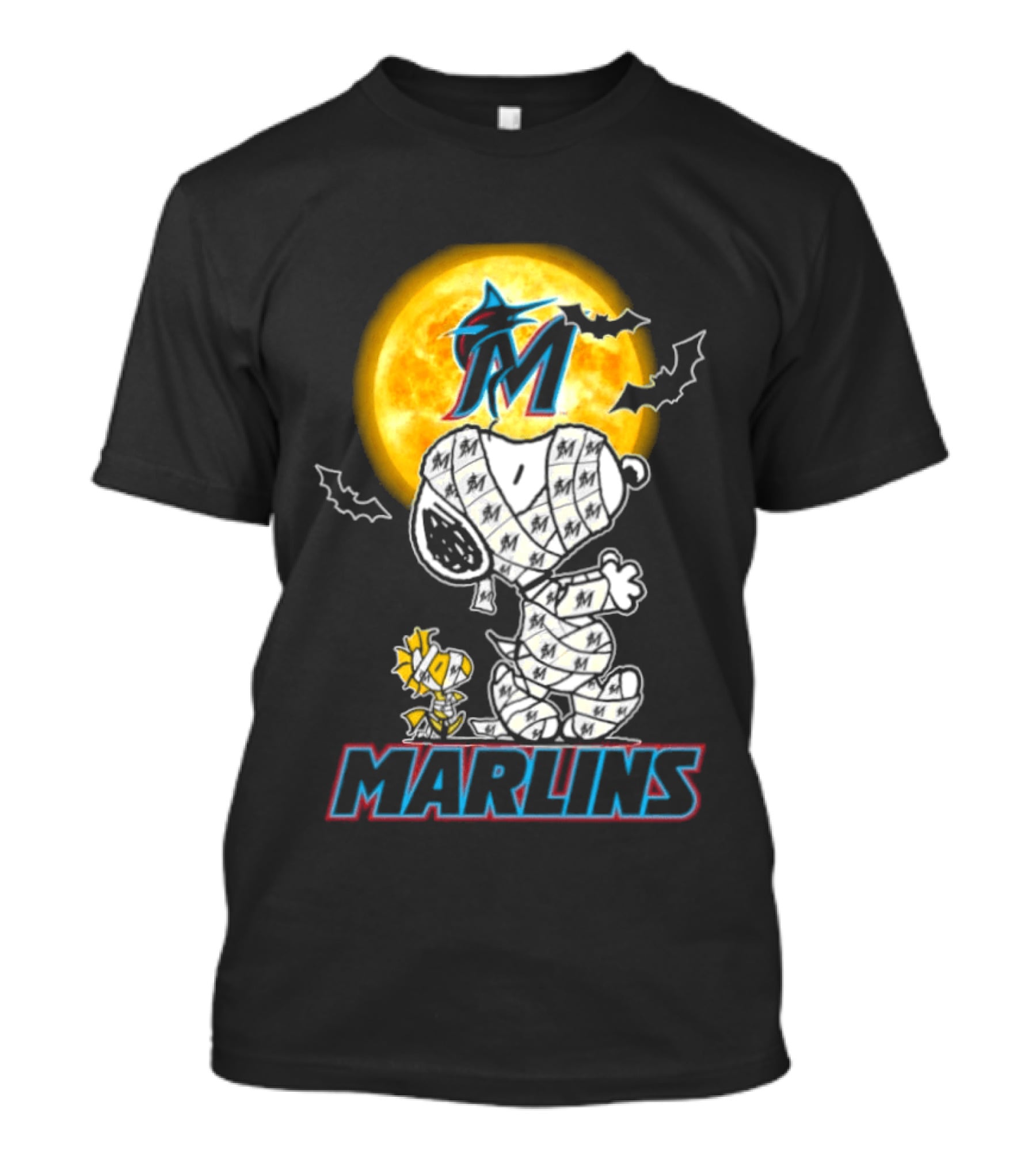 Miami Marlins Snoopy Woodstock Mummy Halloween Moon T-Shirt