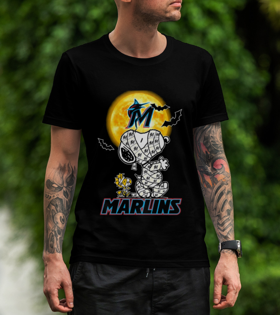 Miami Marlins Snoopy Woodstock Mummy Halloween Moon T-Shirt