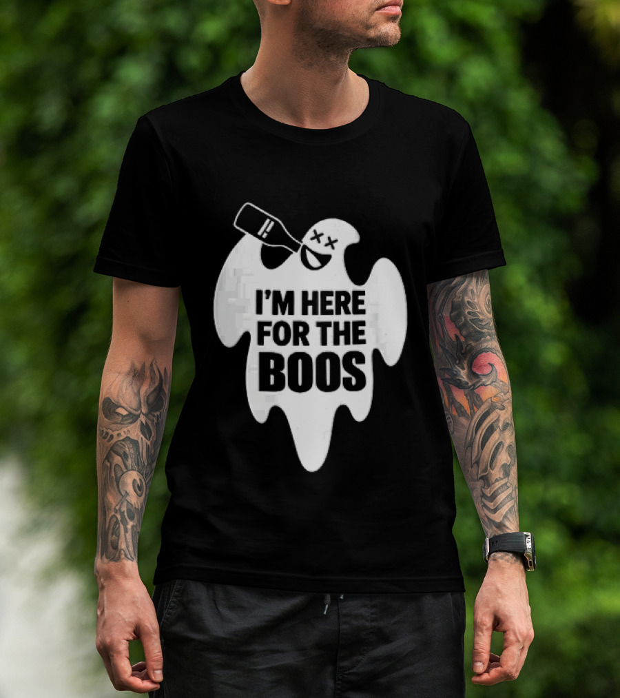 I'm Here For The Boos Cartoon Ghost Drinking Alcohol Bottle T-Shirt