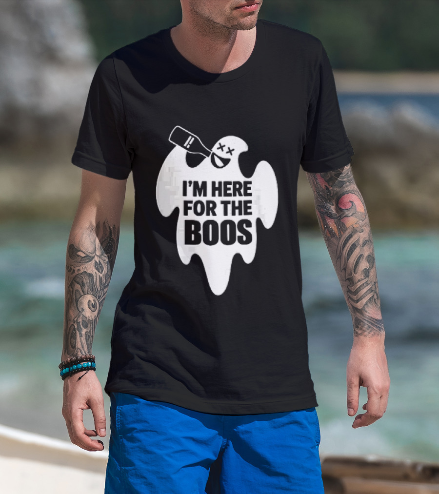I'm Here For The Boos Cartoon Ghost Drinking Alcohol Bottle T-Shirt