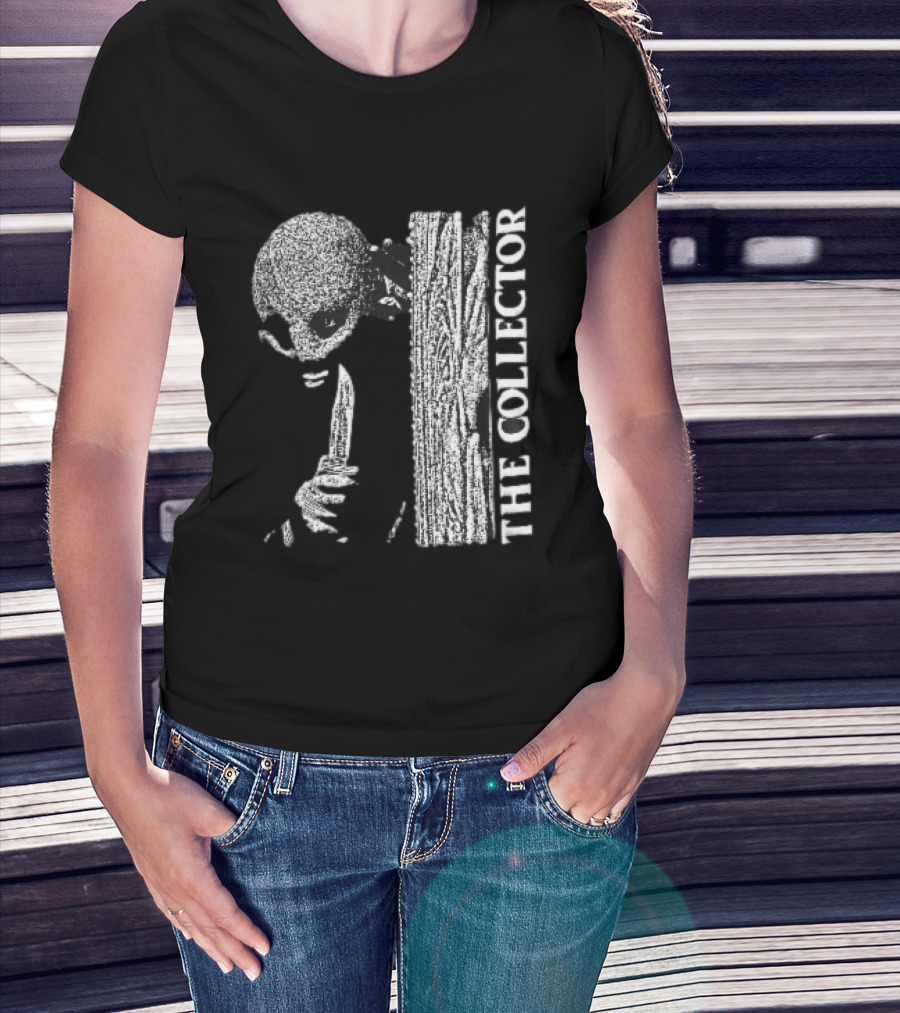 The Collector Masked Figure Knife Wooden Door Peeking Halftone T-Shirt