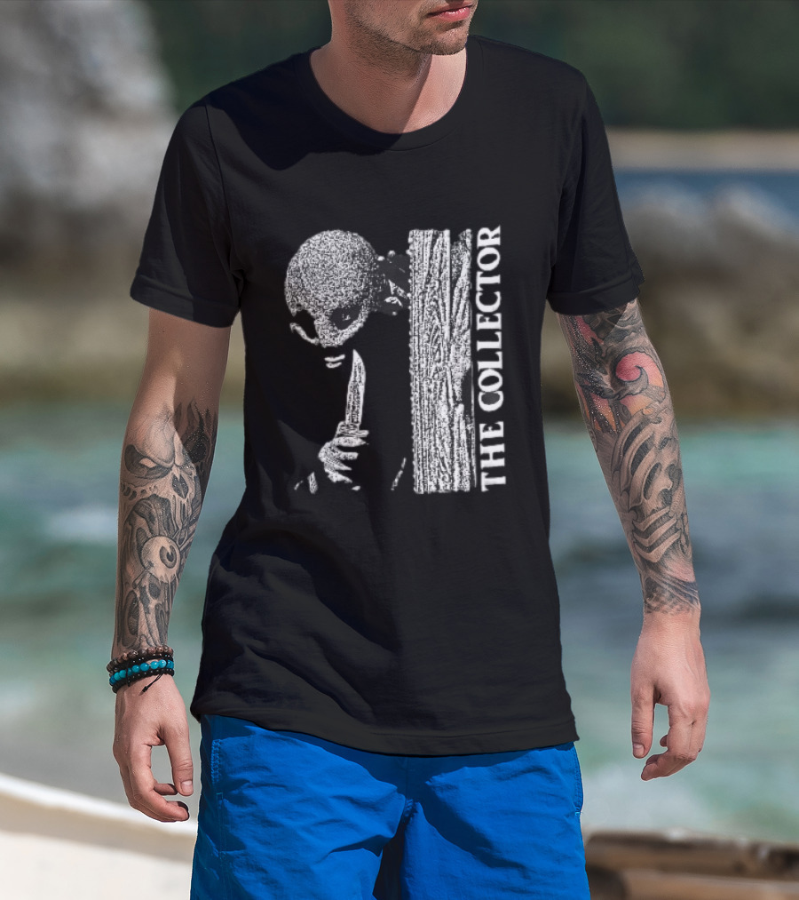 The Collector Masked Figure Knife Wooden Door Peeking Halftone T-Shirt