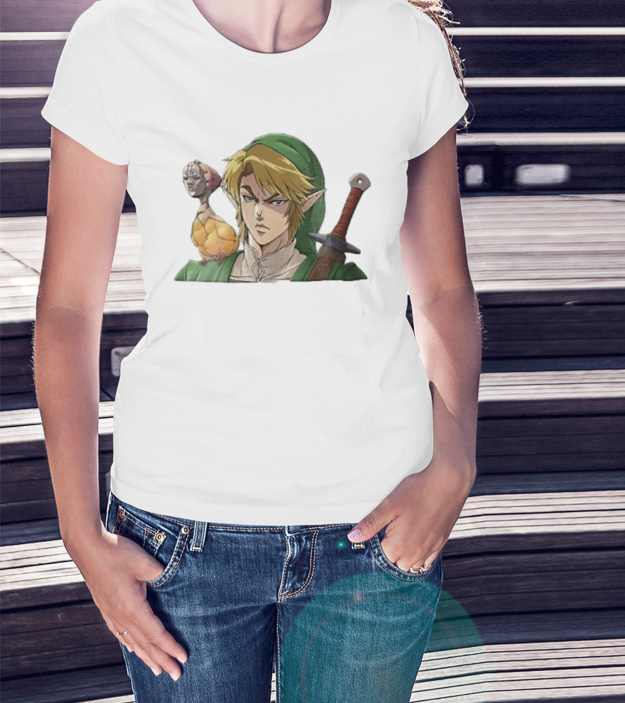 Anime Blonde Elf Knight In Green Tunic With Sword And Strange Bird Companion T-Shirt