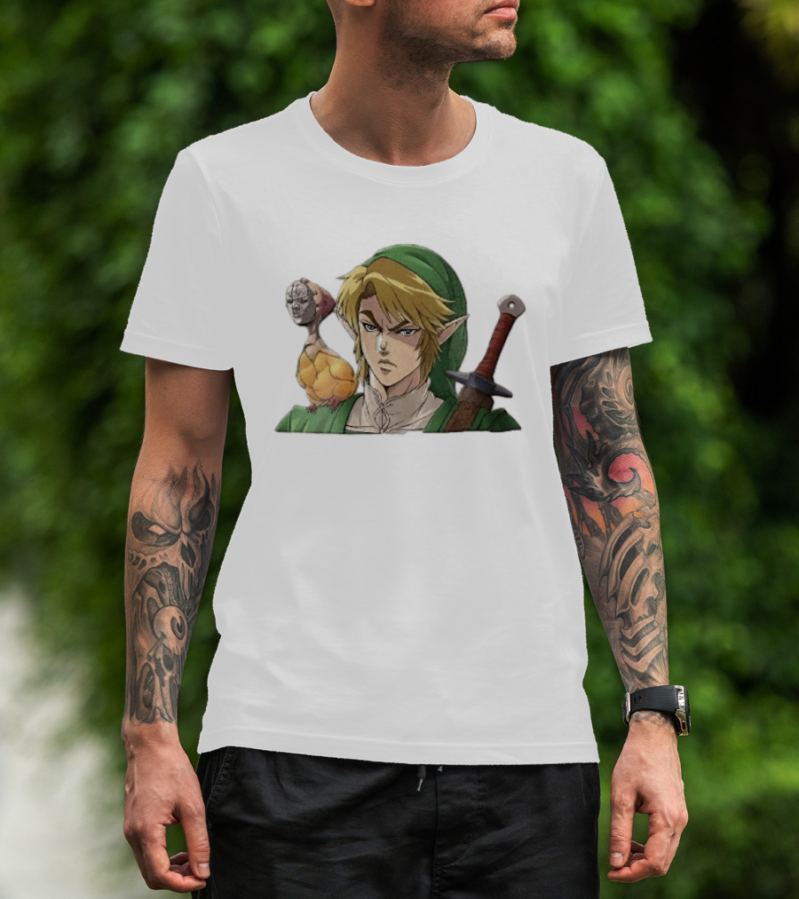 Anime Blonde Elf Knight In Green Tunic With Sword And Strange Bird Companion T-Shirt