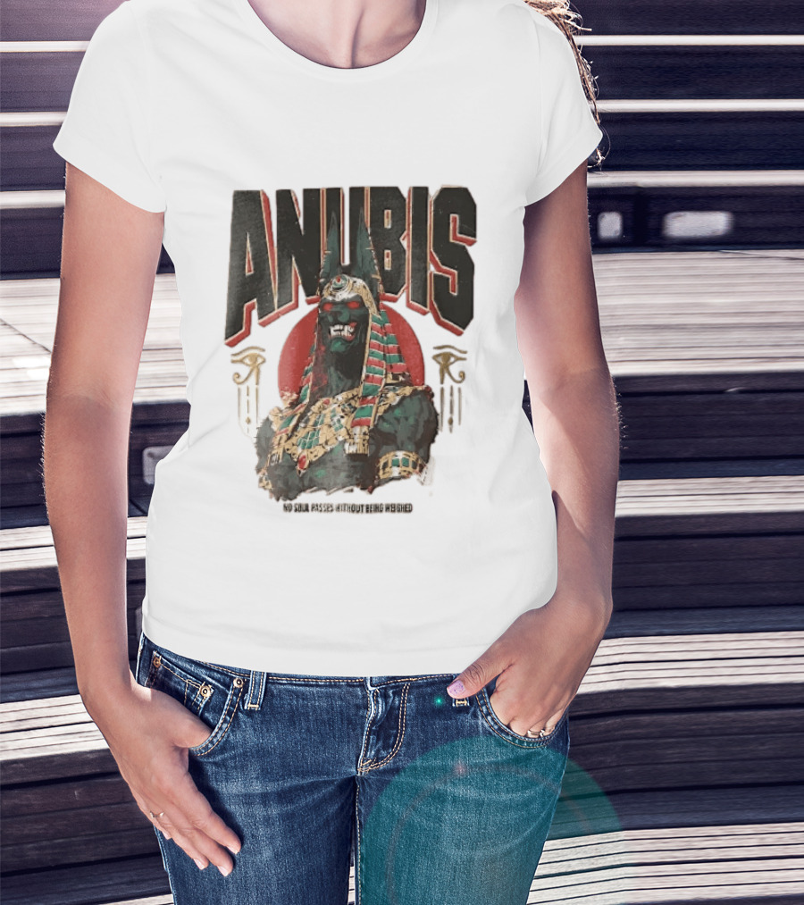 Anubis Jackal Headed Egyptian God Distressed No Soul Passes Without Being Weighed Sun T-Shirt