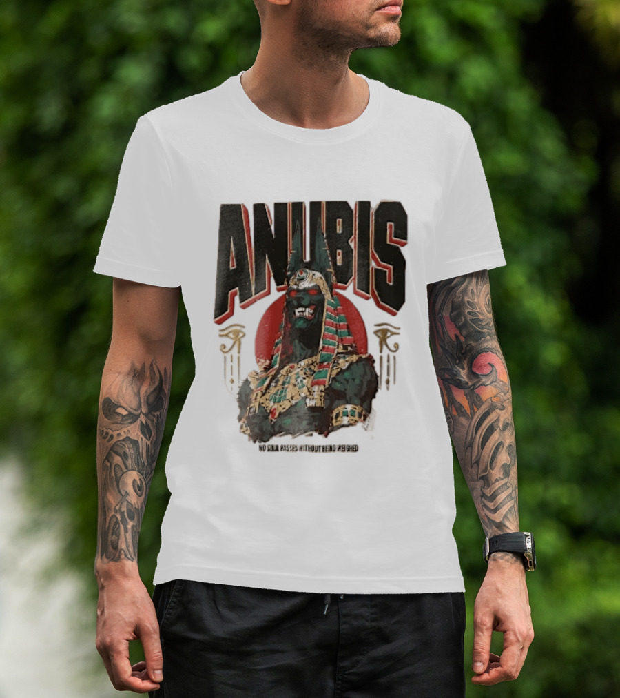 Anubis Jackal Headed Egyptian God Distressed No Soul Passes Without Being Weighed Sun T-Shirt