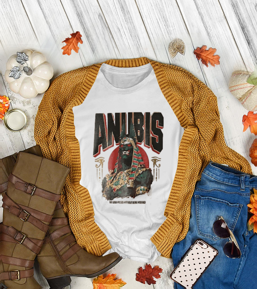 Anubis Jackal Headed Egyptian God Distressed No Soul Passes Without Being Weighed Sun T-Shirt
