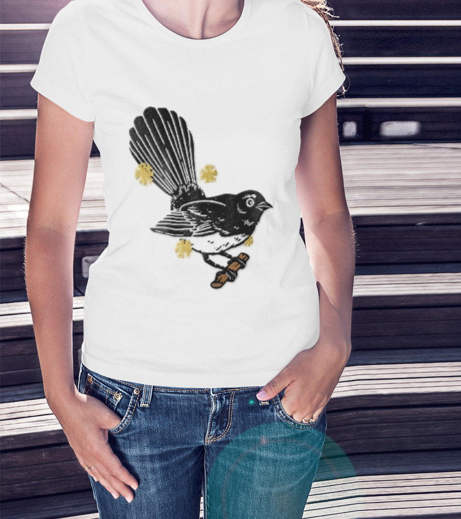 Black White Linocut Fantail Bird Branch Yellow Flowers T-Shirt