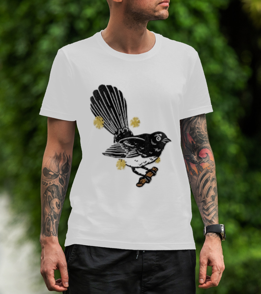 Black White Linocut Fantail Bird Branch Yellow Flowers T-Shirt