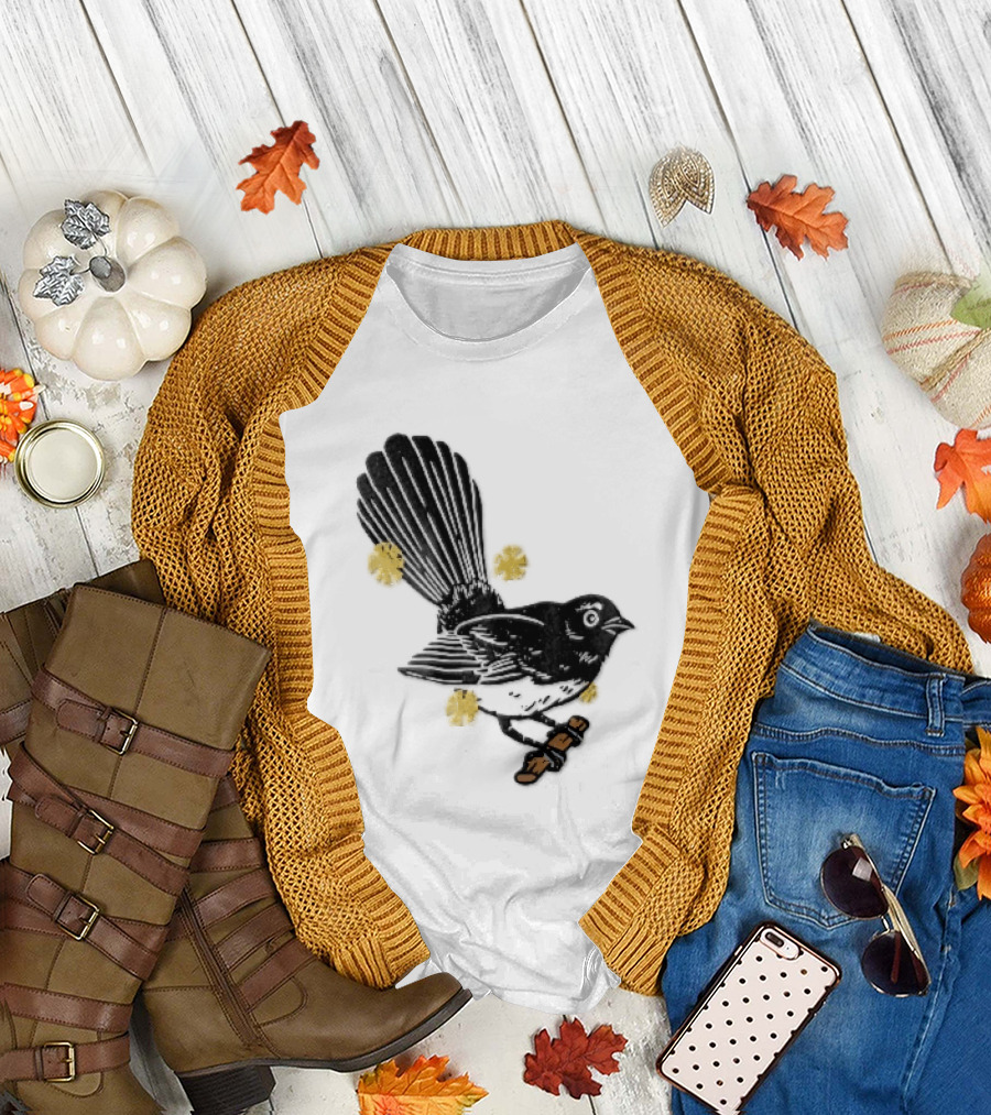 Black White Linocut Fantail Bird Branch Yellow Flowers T-Shirt