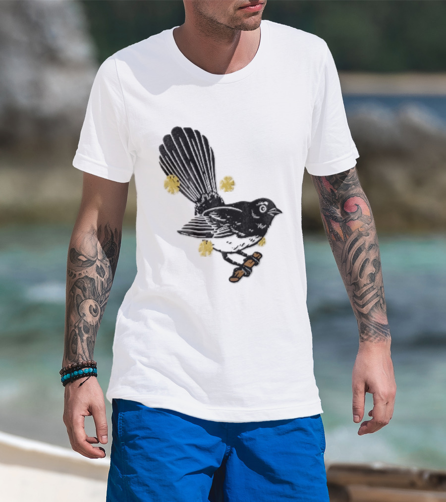 Black White Linocut Fantail Bird Branch Yellow Flowers T-Shirt