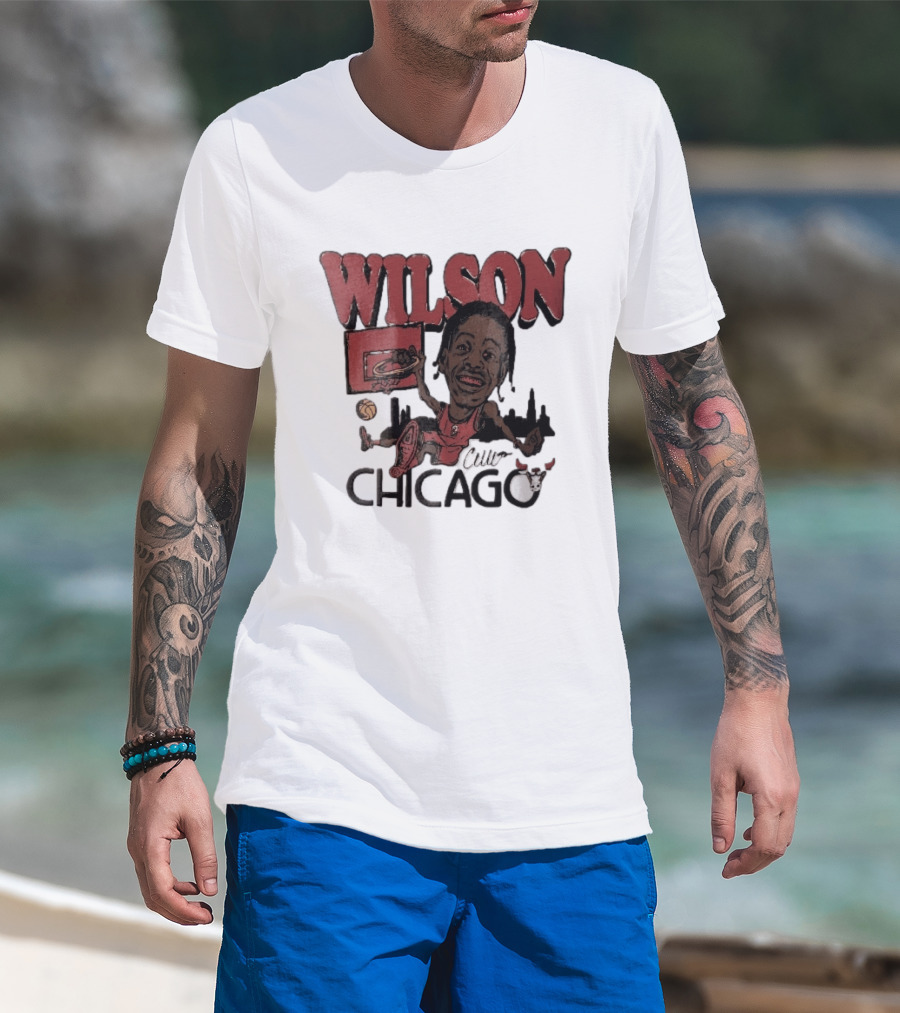 Chicago Bulls Wilson Cartoon Caricature Dunking City Skyline T-Shirt