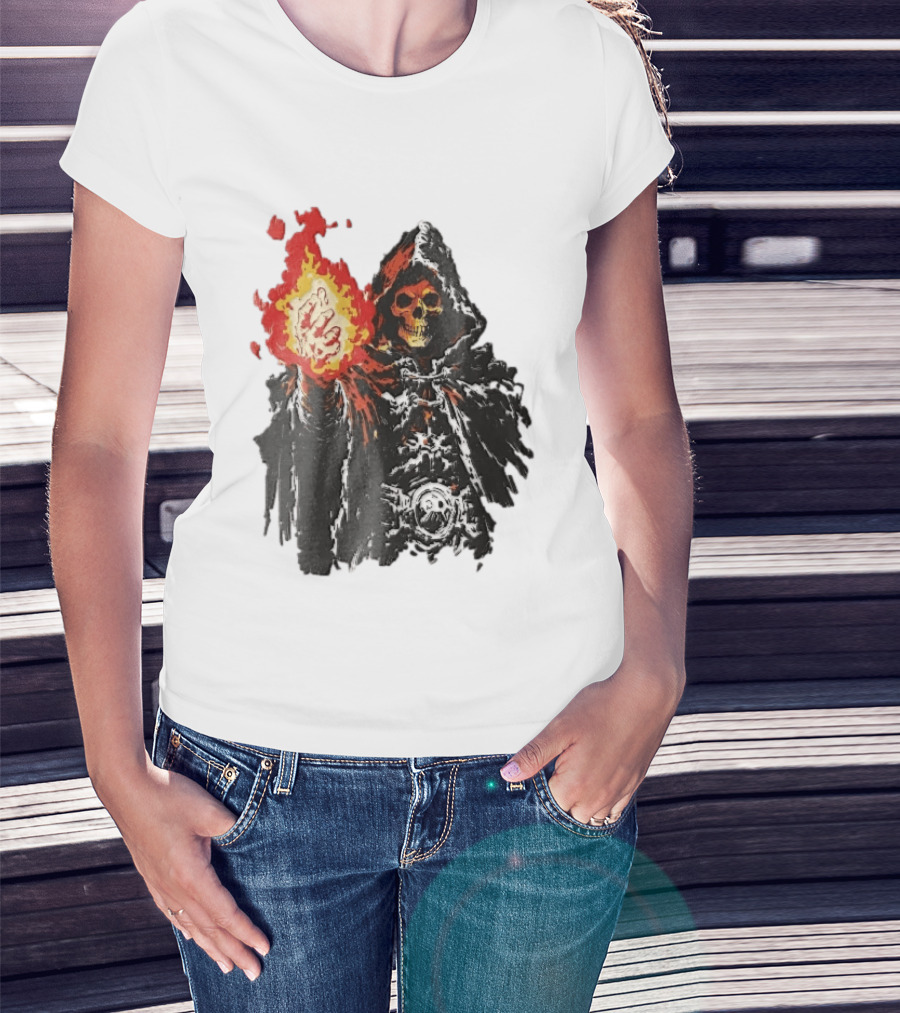 Hooded Skeleton Sorcerer With Glowing Red Fireball T-Shirt
