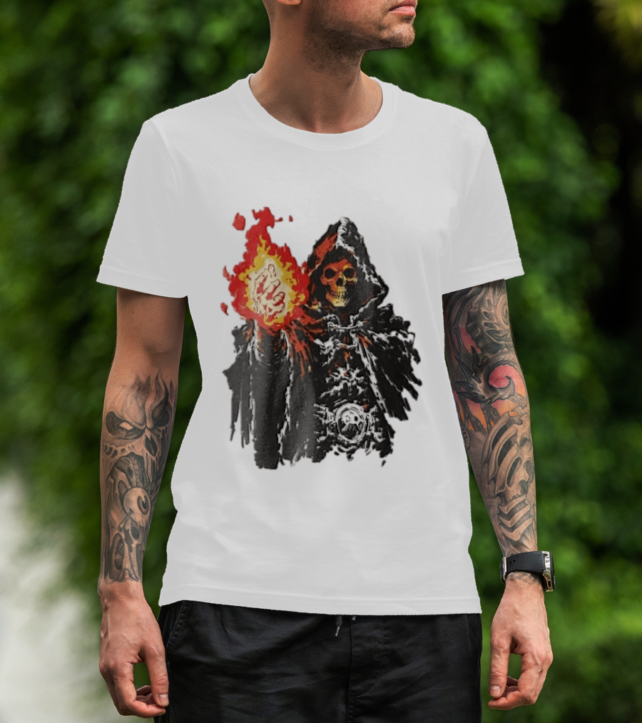 Hooded Skeleton Sorcerer With Glowing Red Fireball T-Shirt