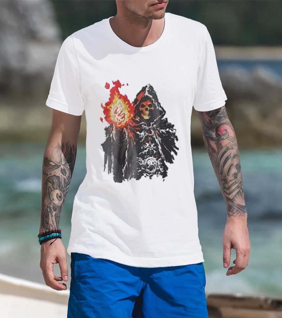 Hooded Skeleton Sorcerer With Glowing Red Fireball T-Shirt