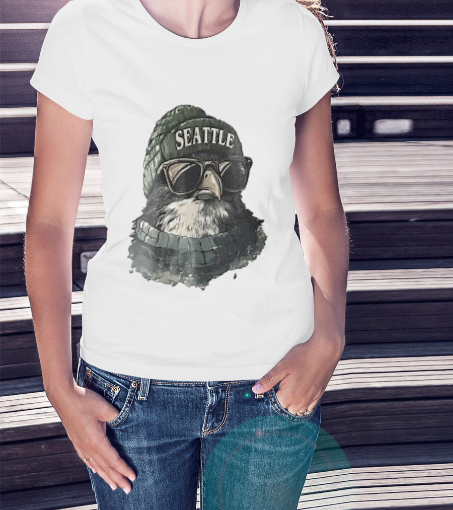 Seattle Beanie Hawk Cartoon With Sunglasses And Scarf T-Shirt