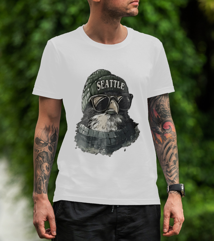 Seattle Beanie Hawk Cartoon With Sunglasses And Scarf T-Shirt