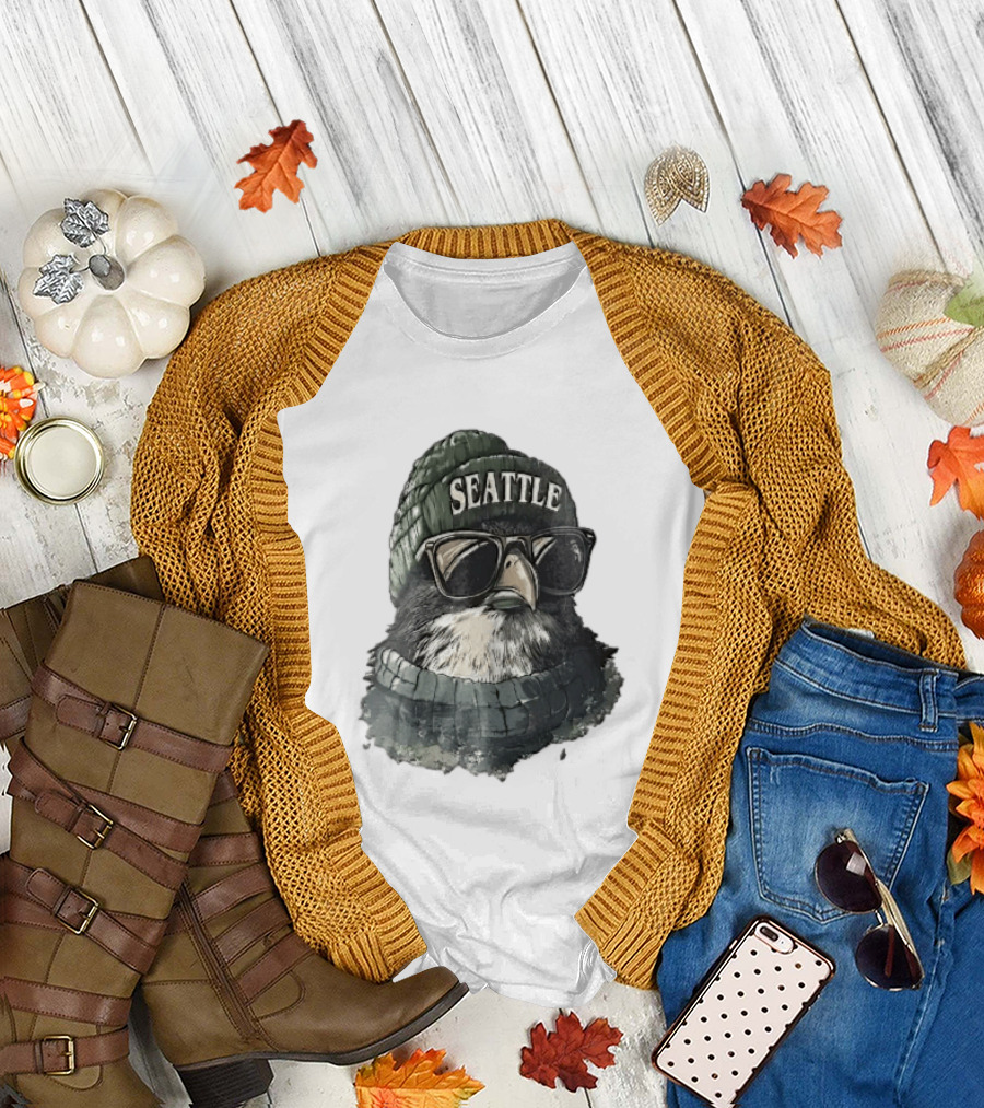Seattle Beanie Hawk Cartoon With Sunglasses And Scarf T-Shirt