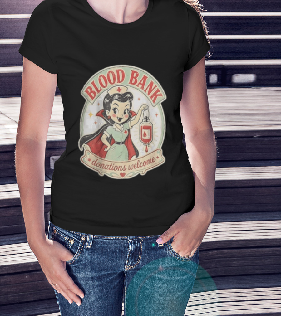 Blood Bank Donations Welcome Vampire Nurse Retro Cartoon T-Shirt
