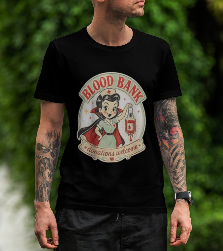 Blood Bank Donations Welcome Vampire Nurse Retro Cartoon T-Shirt