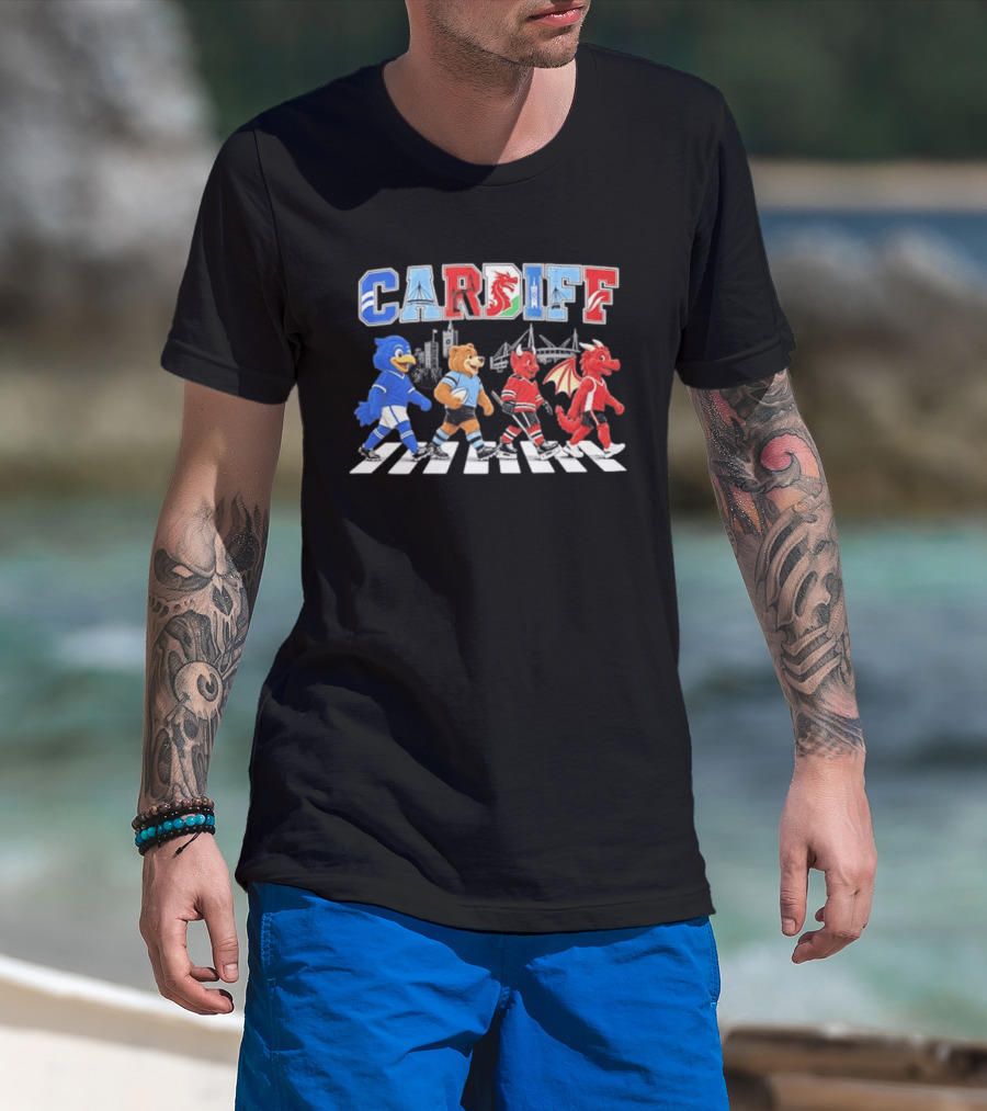 Cardiff Sports Abbey Road Parody With Cartoon Animals Crossing T-Shirt