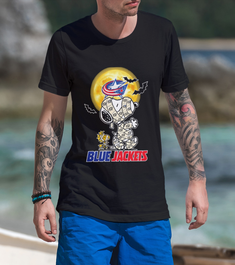 Columbus Blue Jackets Snoopy Woodstock Mummy Halloween Moon T-Shirt