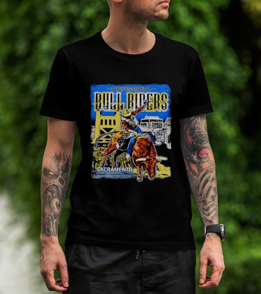 Professional Bull Riders Sacramento Cowboy Riding Bull Cityscape T-Shirt