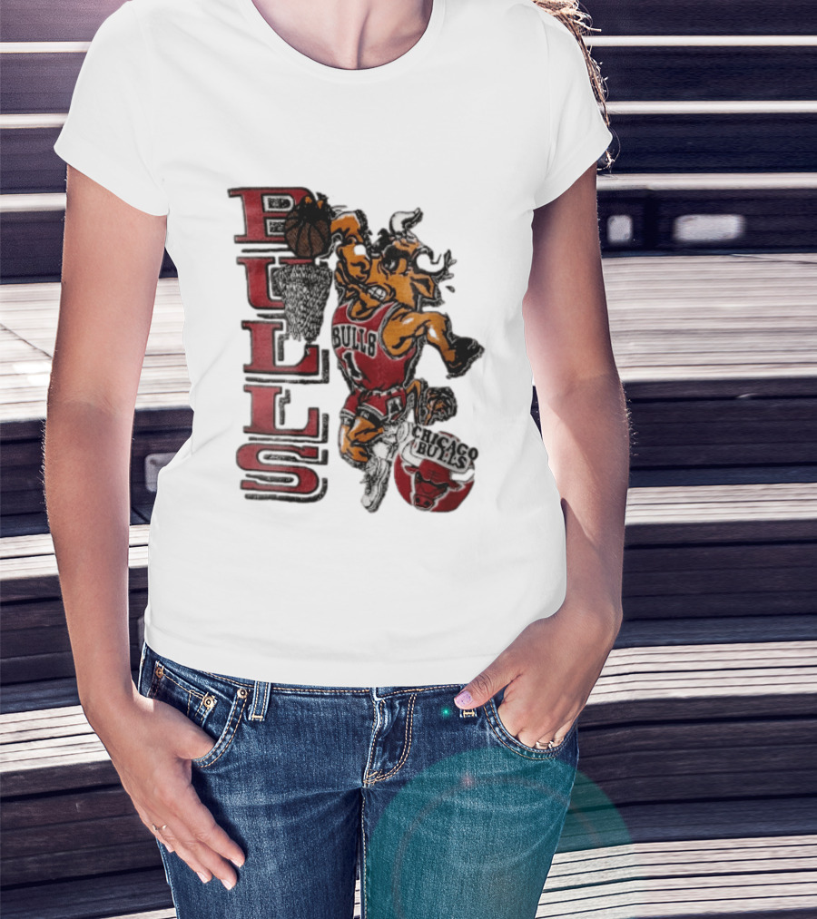 Chicago Bulls Bull Dunking Basketball Hoop NBA Cartoon Caricature T-Shirt