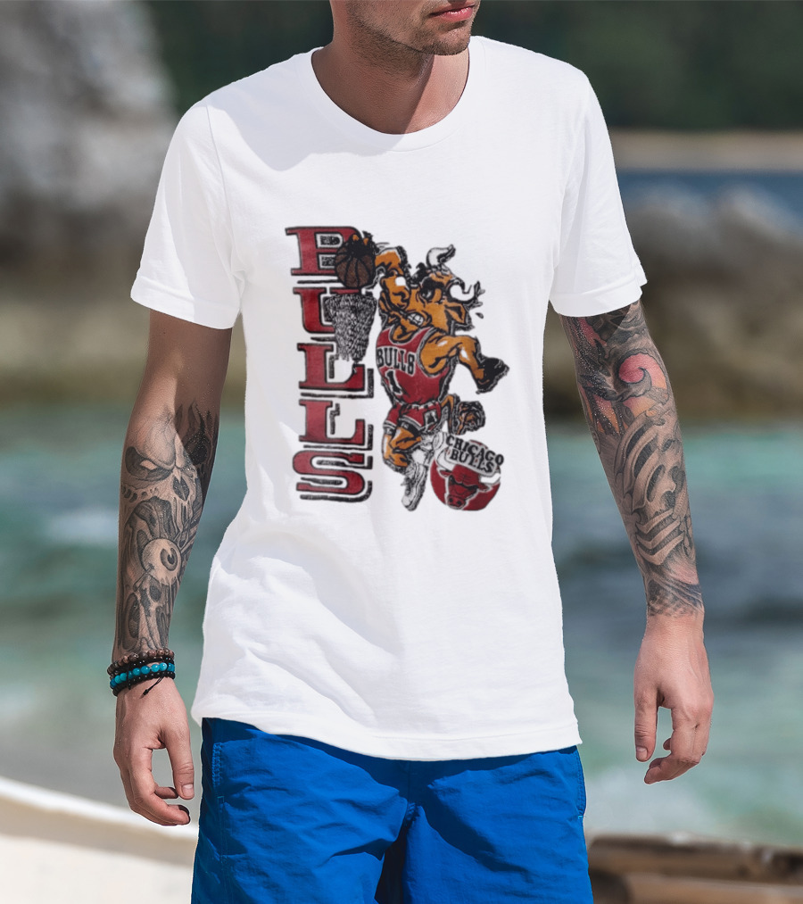 Chicago Bulls Bull Dunking Basketball Hoop NBA Cartoon Caricature T-Shirt