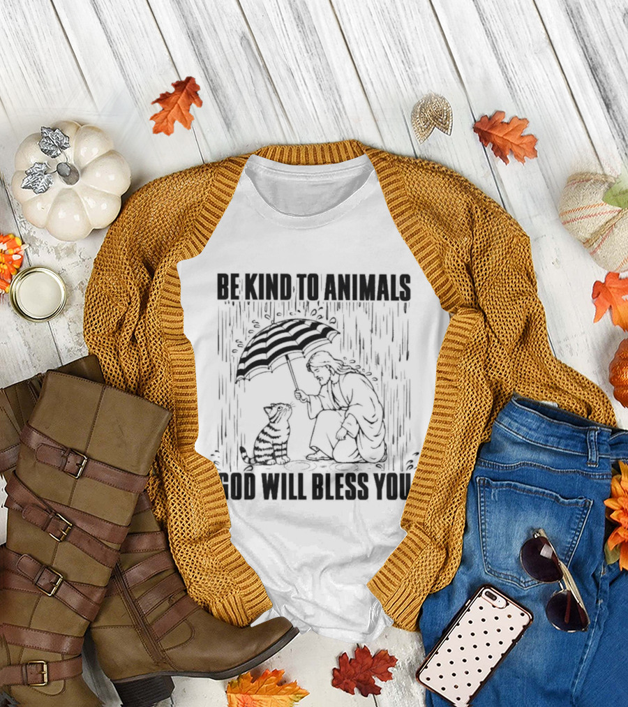 Be Kind To Animals God Will Bless You Christ And Cat Umbrella Compassion T-Shirt