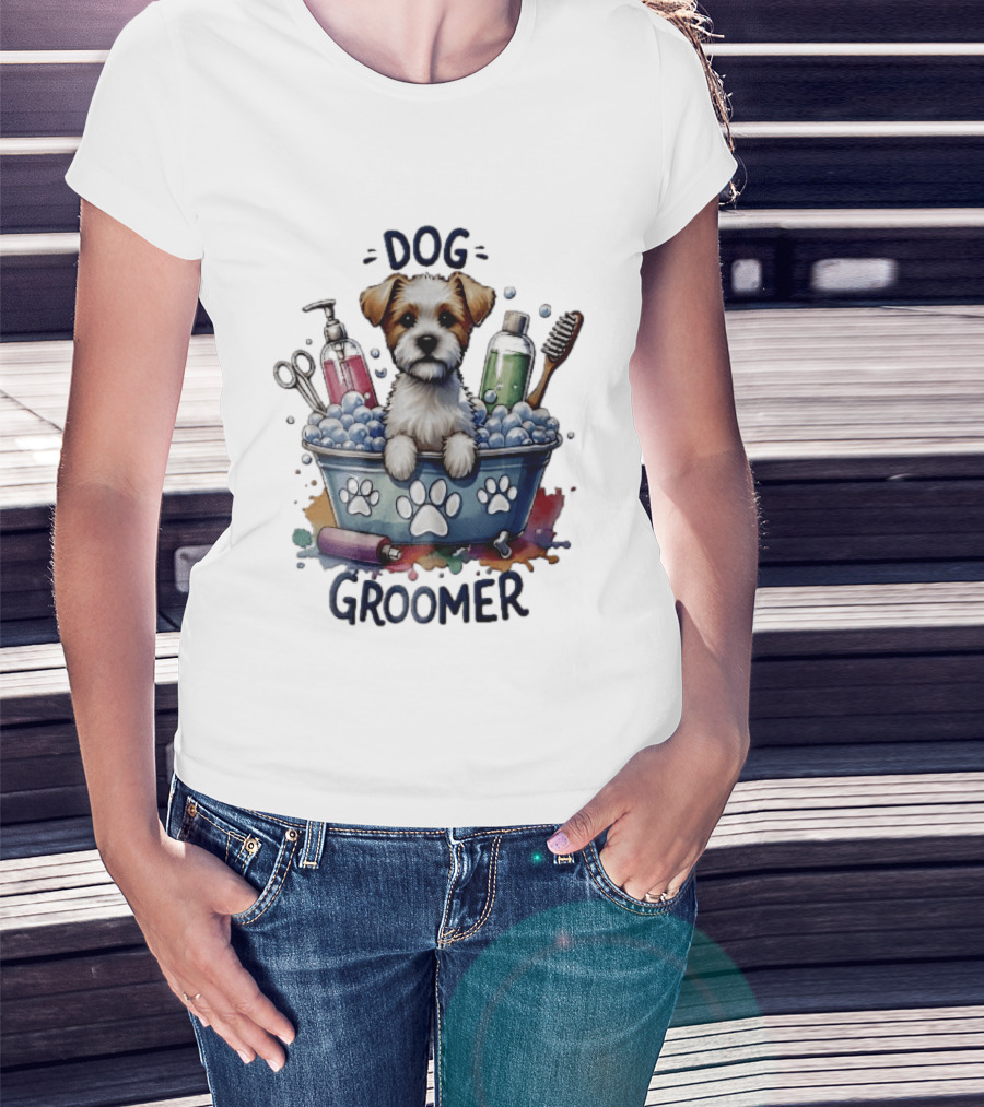 Dog Groomer Puppy Bath Tub Soap Scissors Brush Watercolor T-Shirt