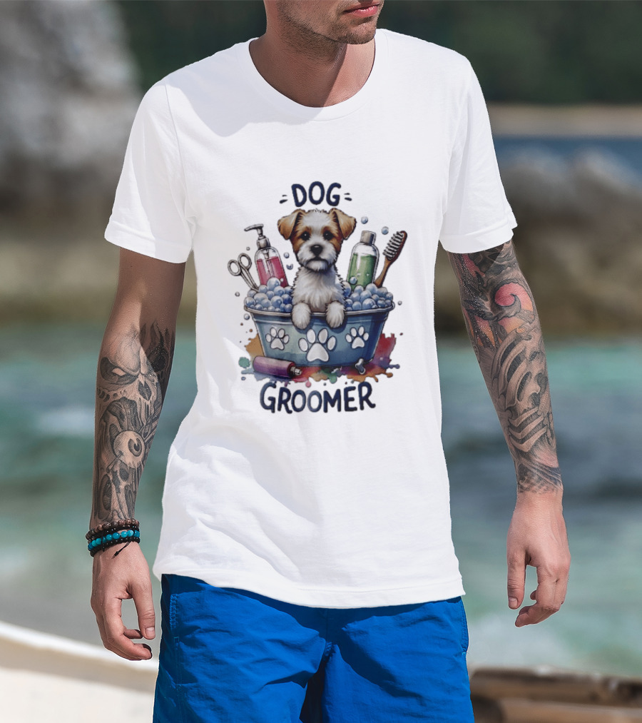 Dog Groomer Puppy Bath Tub Soap Scissors Brush Watercolor T-Shirt