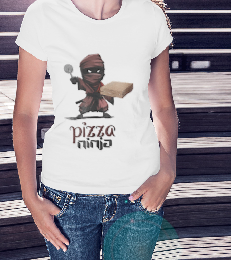 Pizza Ninja Red Masked Cartoon Figure Holding Cardboard Box T-Shirt