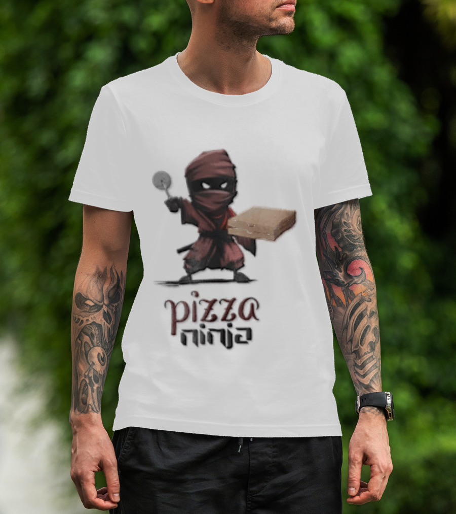 Pizza Ninja Red Masked Cartoon Figure Holding Cardboard Box T-Shirt