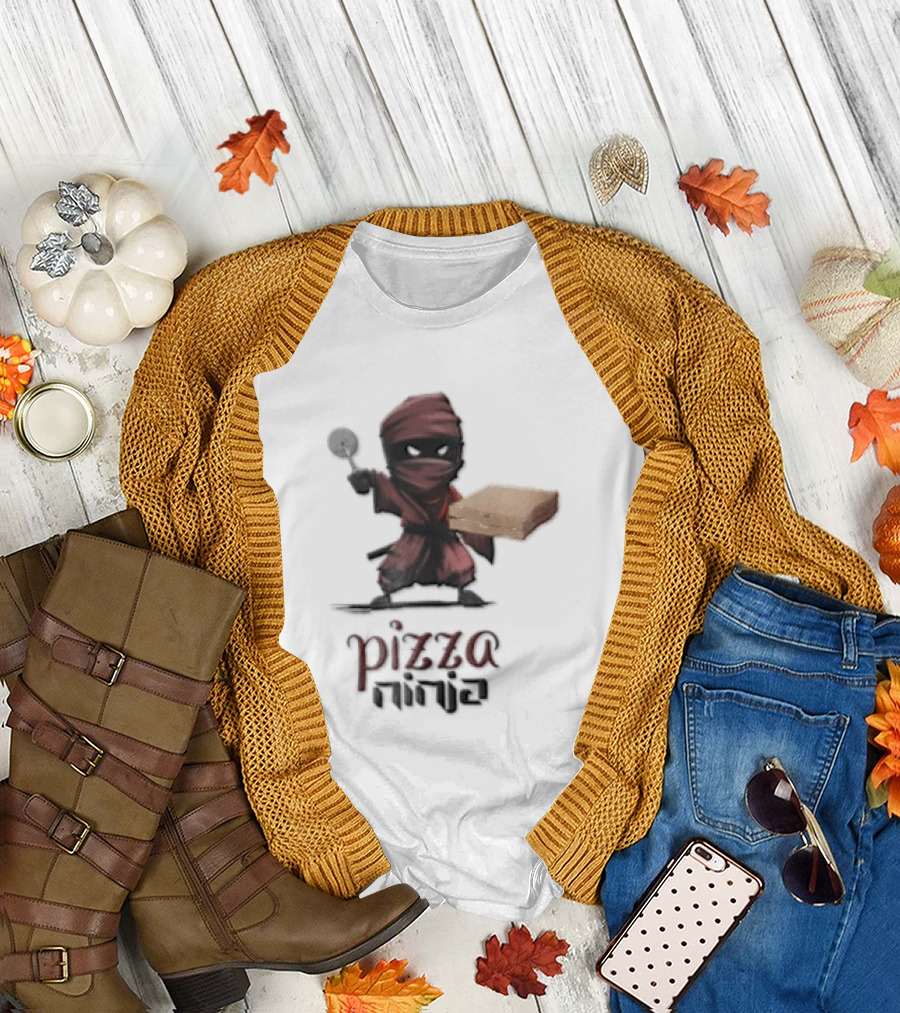 Pizza Ninja Red Masked Cartoon Figure Holding Cardboard Box T-Shirt