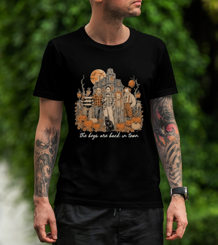Halloween Horror Characters The Boys Are Back In Town Haunted House Pumpkin Patch T-Shirt