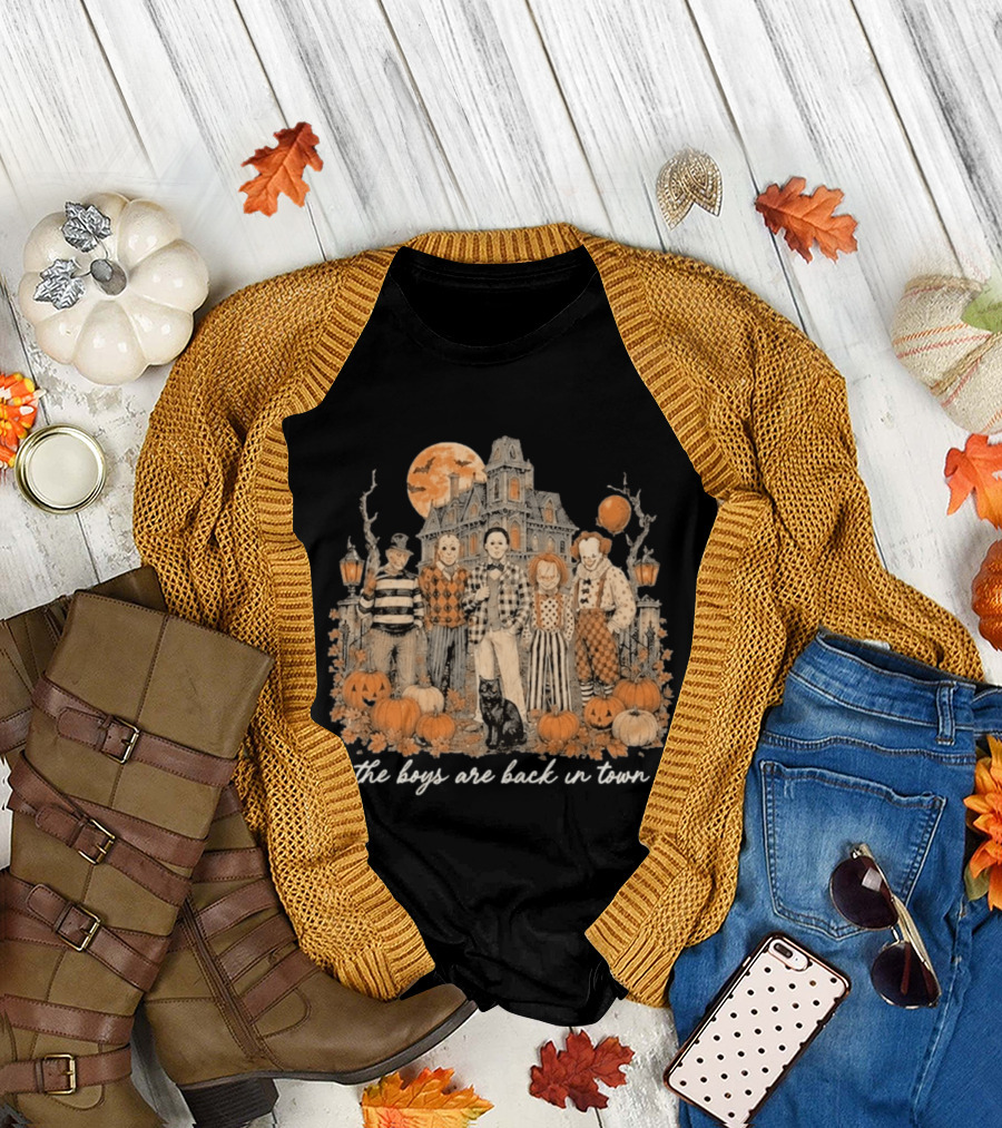 Halloween Horror Characters The Boys Are Back In Town Haunted House Pumpkin Patch T-Shirt