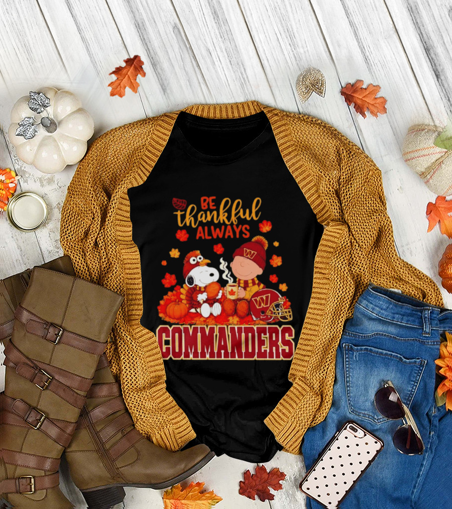 Be Thankful Always Snoopy And Charlie Brown With Commanders Autumn Leaves T-Shirt