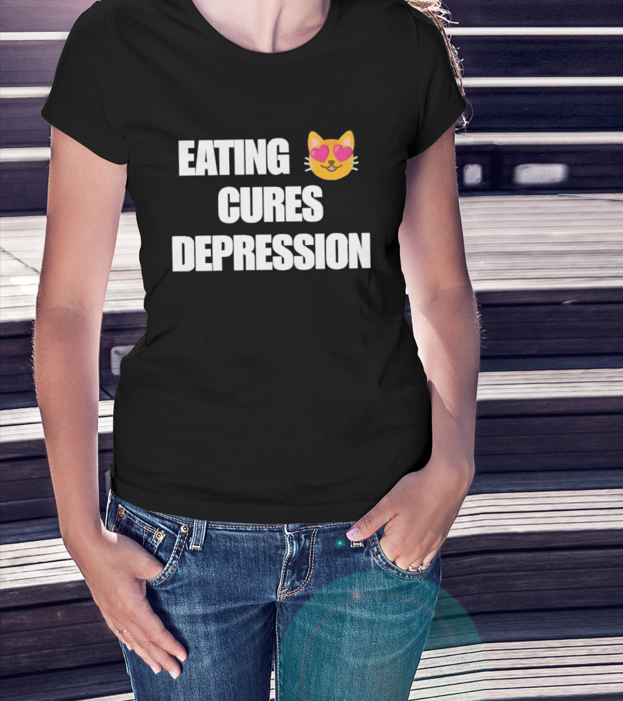 Eating Cures Depression Cat Meme Mental Health Humor T-Shirt