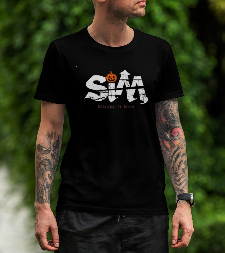 Sim Store Shop Silence Is Mine Rolling Cradle Halloween Pumpkin Design Black White T-Shirt