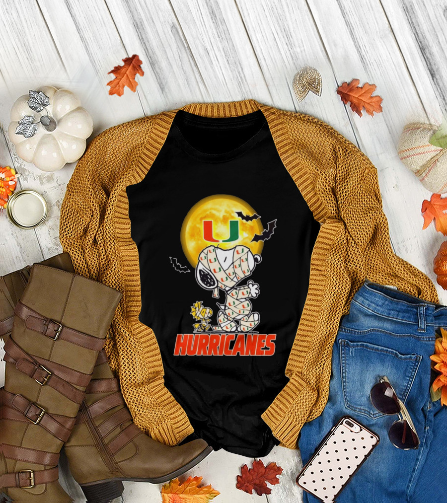 Miami Hurricanes Snoopy Woodstock Mummy Halloween Moon Bats T-Shirt