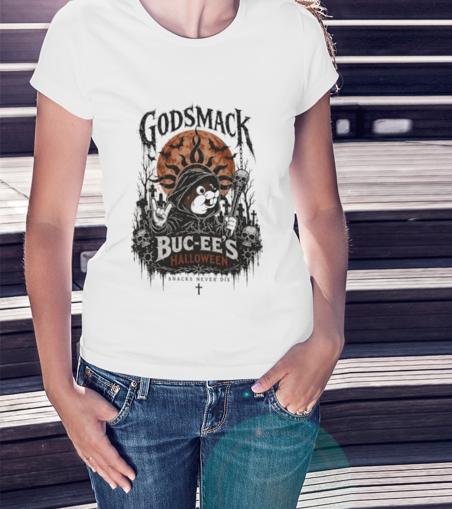 Godsmack Buc Ee's Halloween Snacks Never Die Skulls And Sun T-Shirt