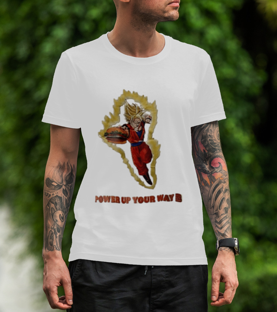 Burger King Power Up Your Way Super Saiyan Goku Holding Cheeseburger Aura T-Shirt