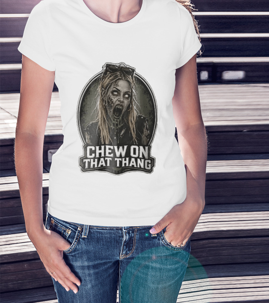 Chew On That Thang Zombie Blonde Woman Open Mouth Green Slime Sunglasses T-Shirt