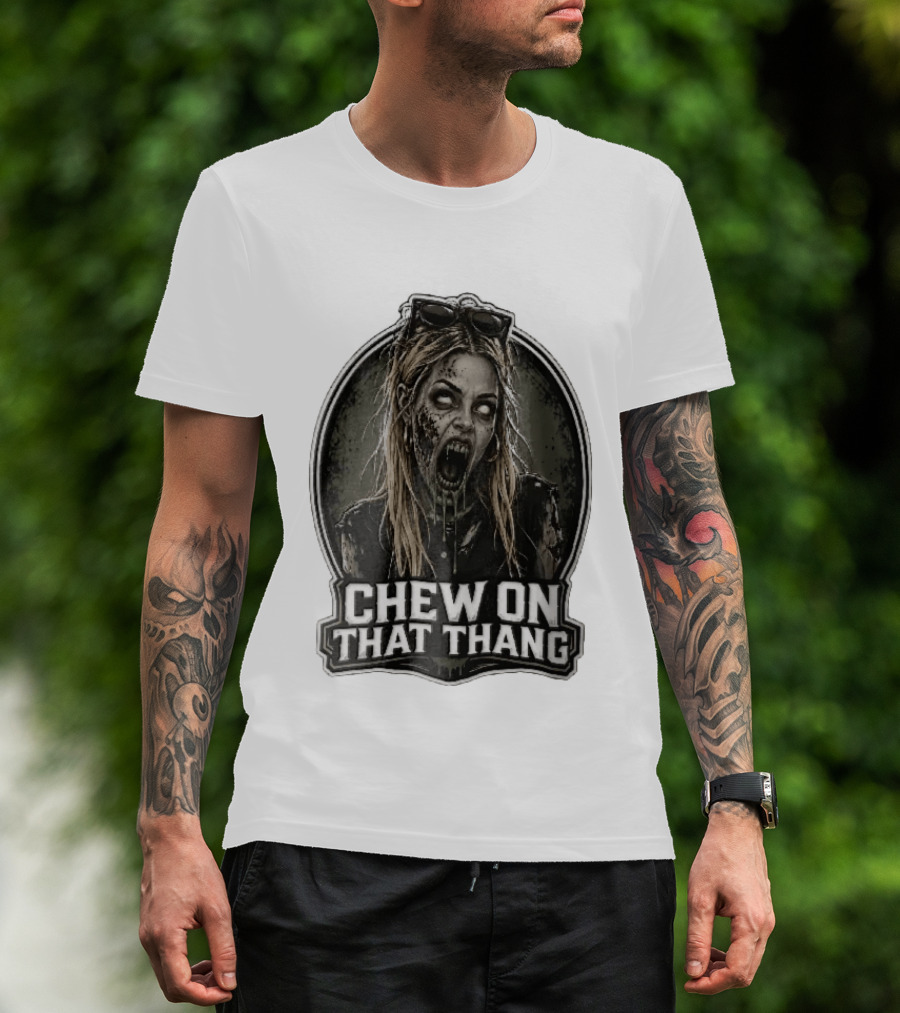 Chew On That Thang Zombie Blonde Woman Open Mouth Green Slime Sunglasses T-Shirt