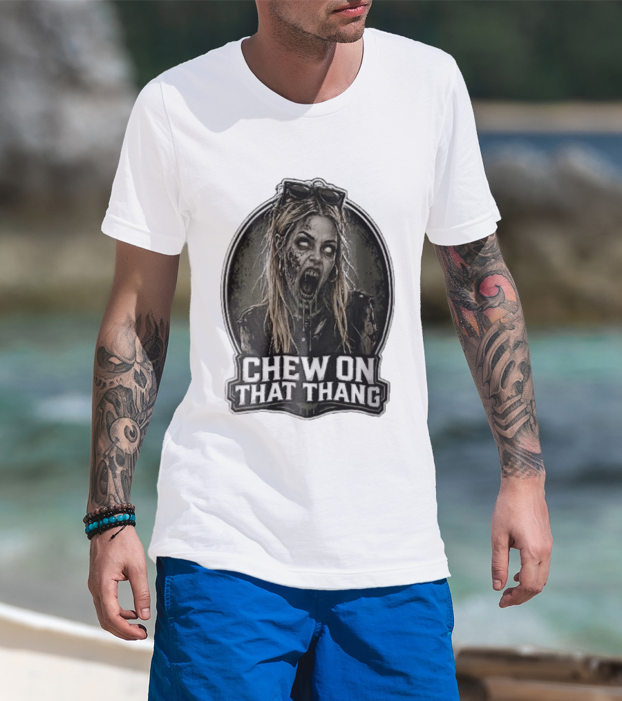 Chew On That Thang Zombie Blonde Woman Open Mouth Green Slime Sunglasses T-Shirt