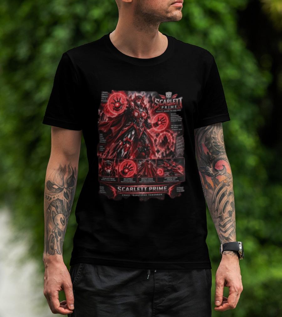 Scarlett Prime Reality Bends Red Mecha Chaos Transforms Tomorrow Jet Hex Magic T-Shirt